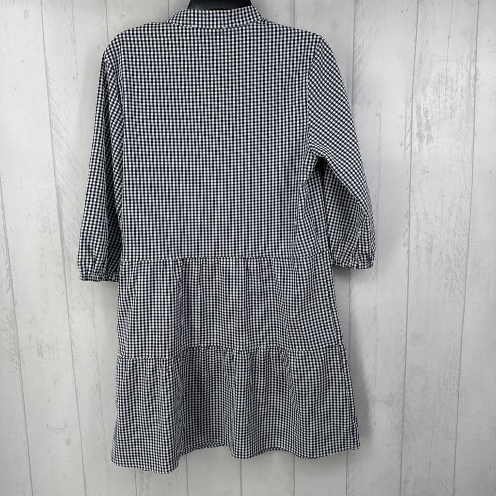 M checkered tiered 3/4 slv dress