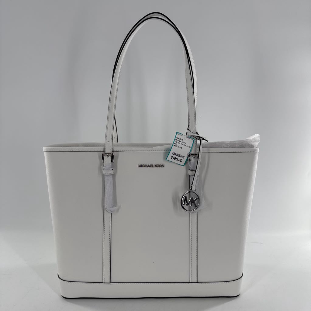 zip top buckle strap tote