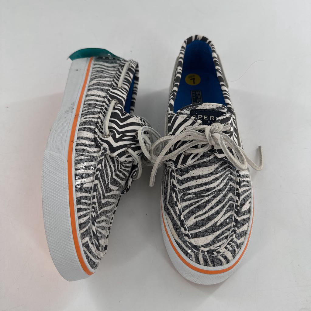 7 zebra stripe sequin boat shoe