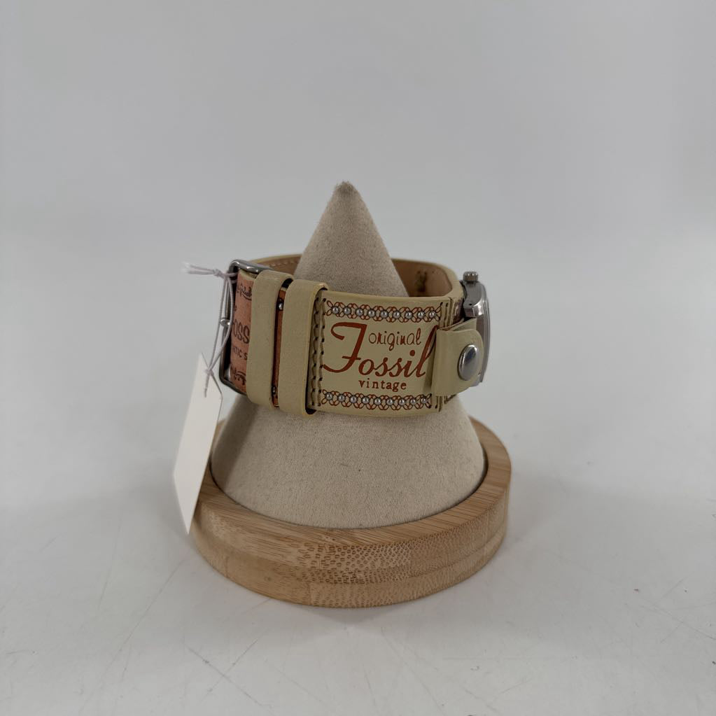 leather stamped band square face watch w/tin