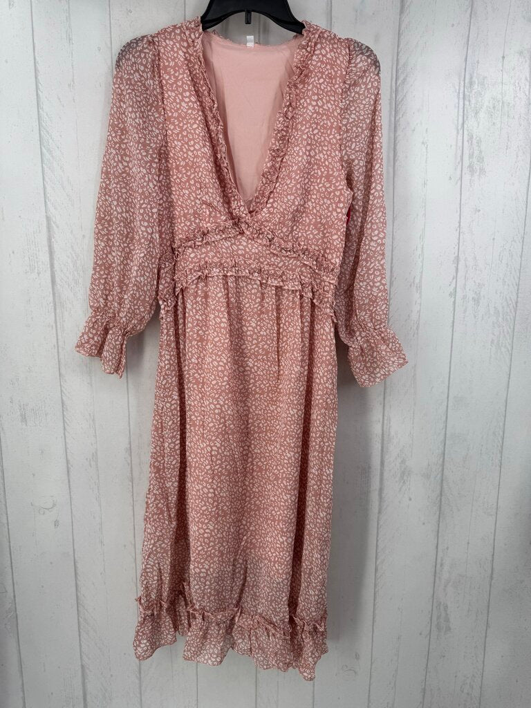 L l/s print ruffle maxi dress