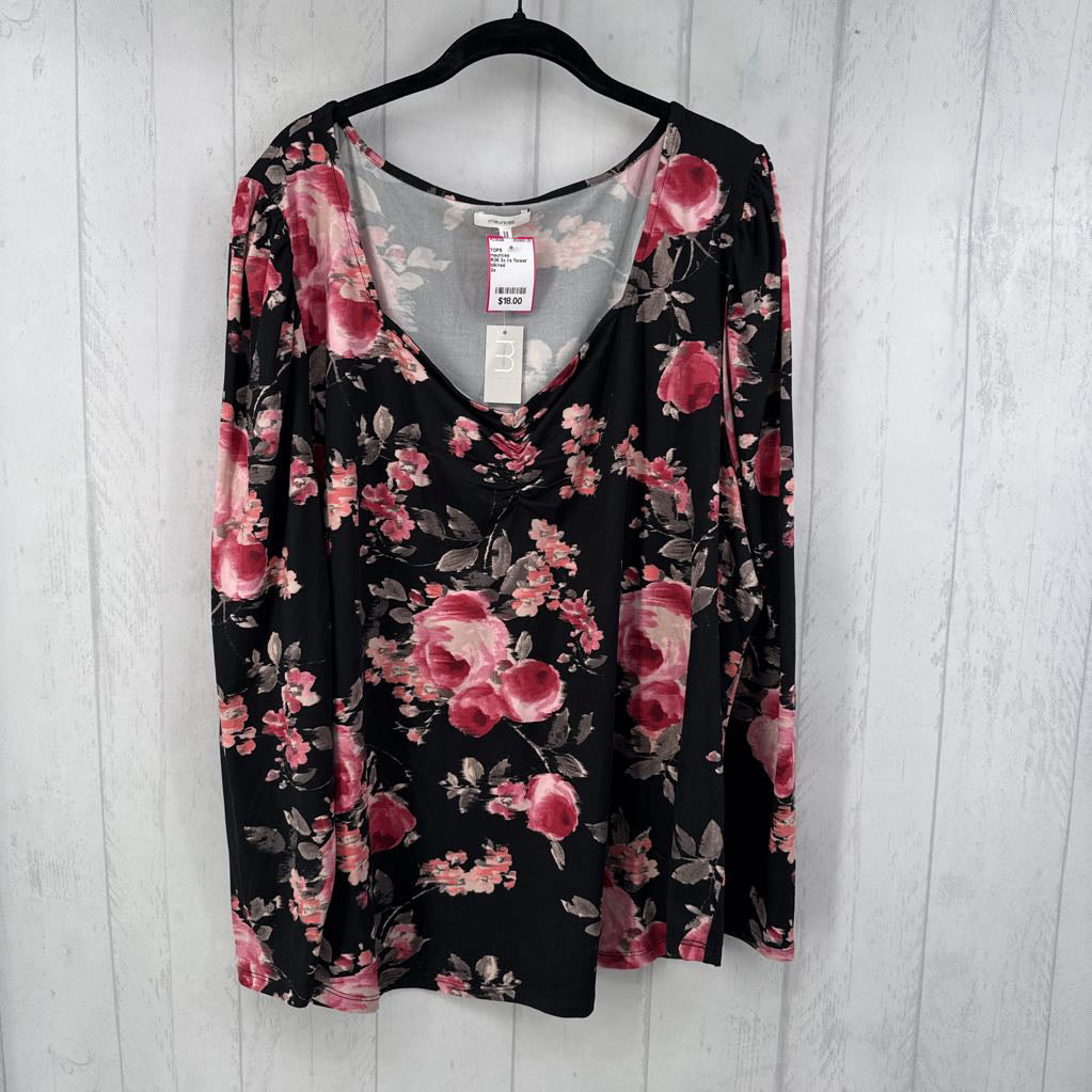 R35 3x l/s flower print ruched v-neck top