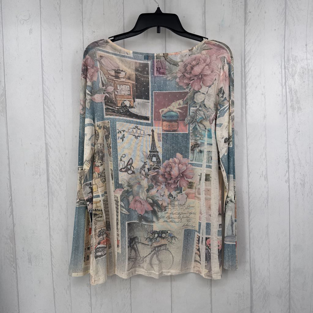 L paris theme embelished sheer l/s top