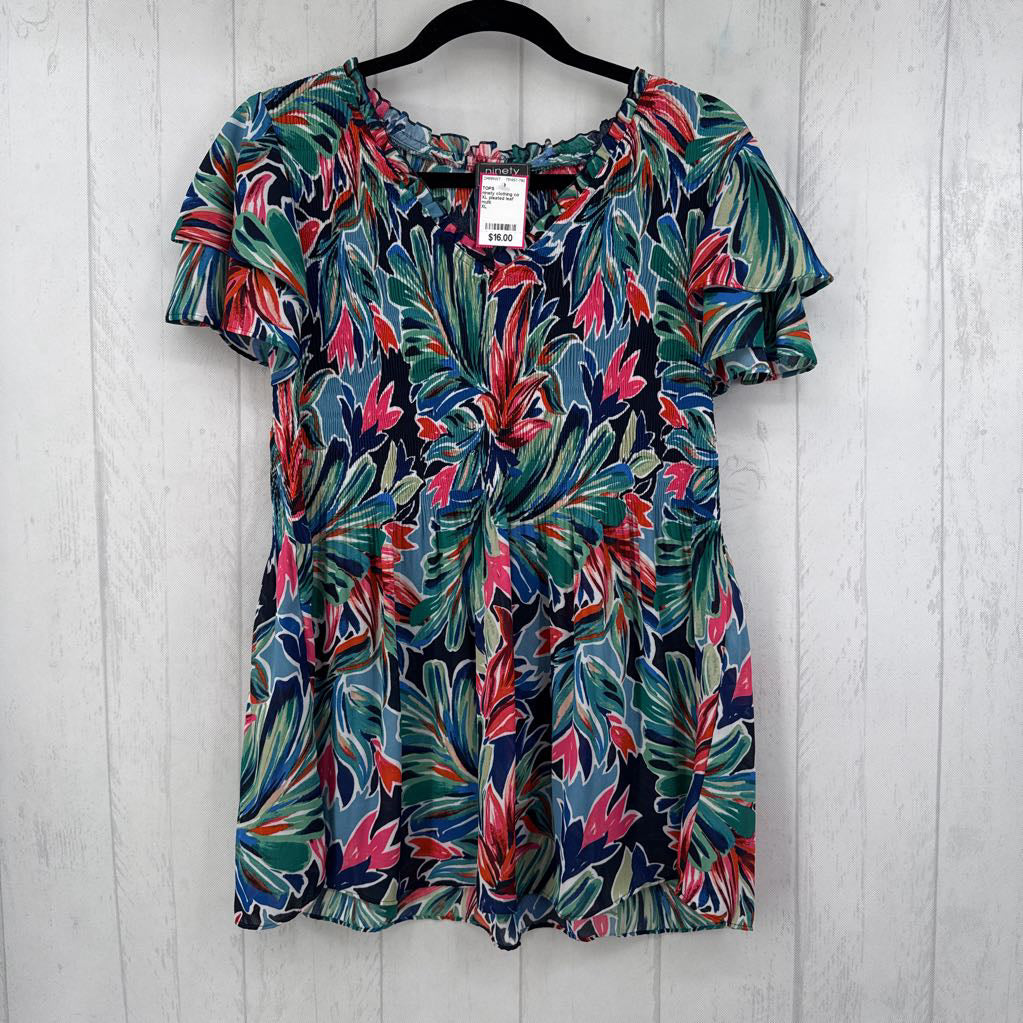 XL pleated leaf print flutter slv top