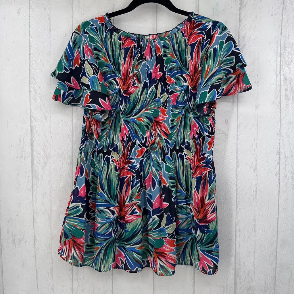 XL pleated leaf print flutter slv top