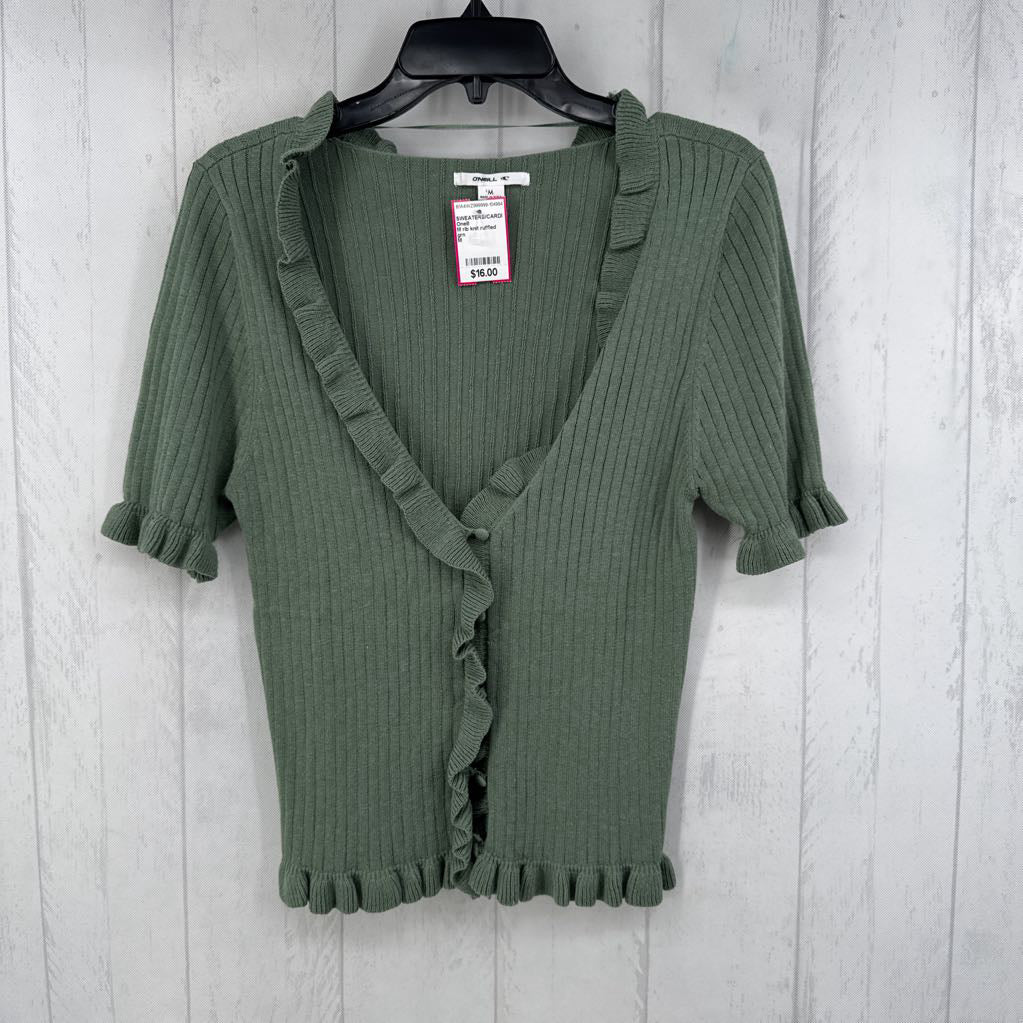 M rib knit ruffled s/s cardi