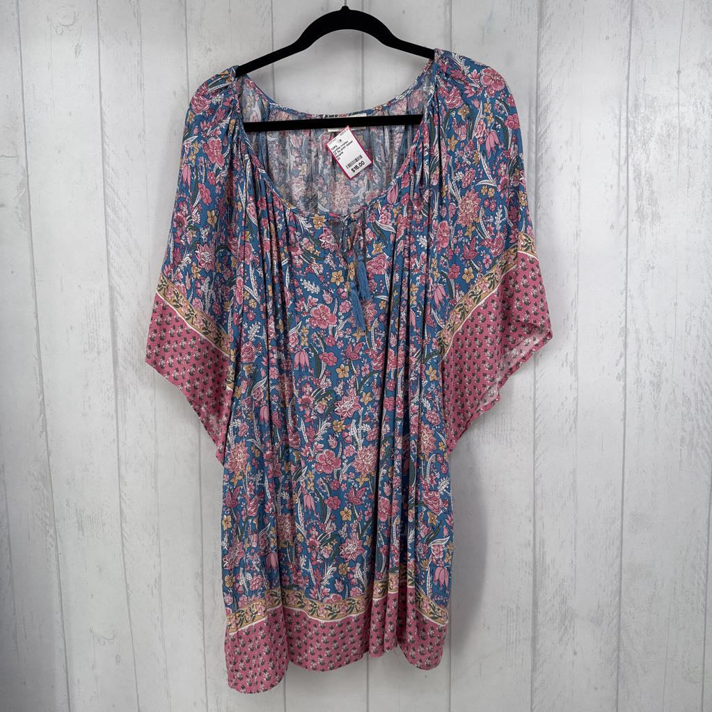 2X flo print tassel tie s/s top