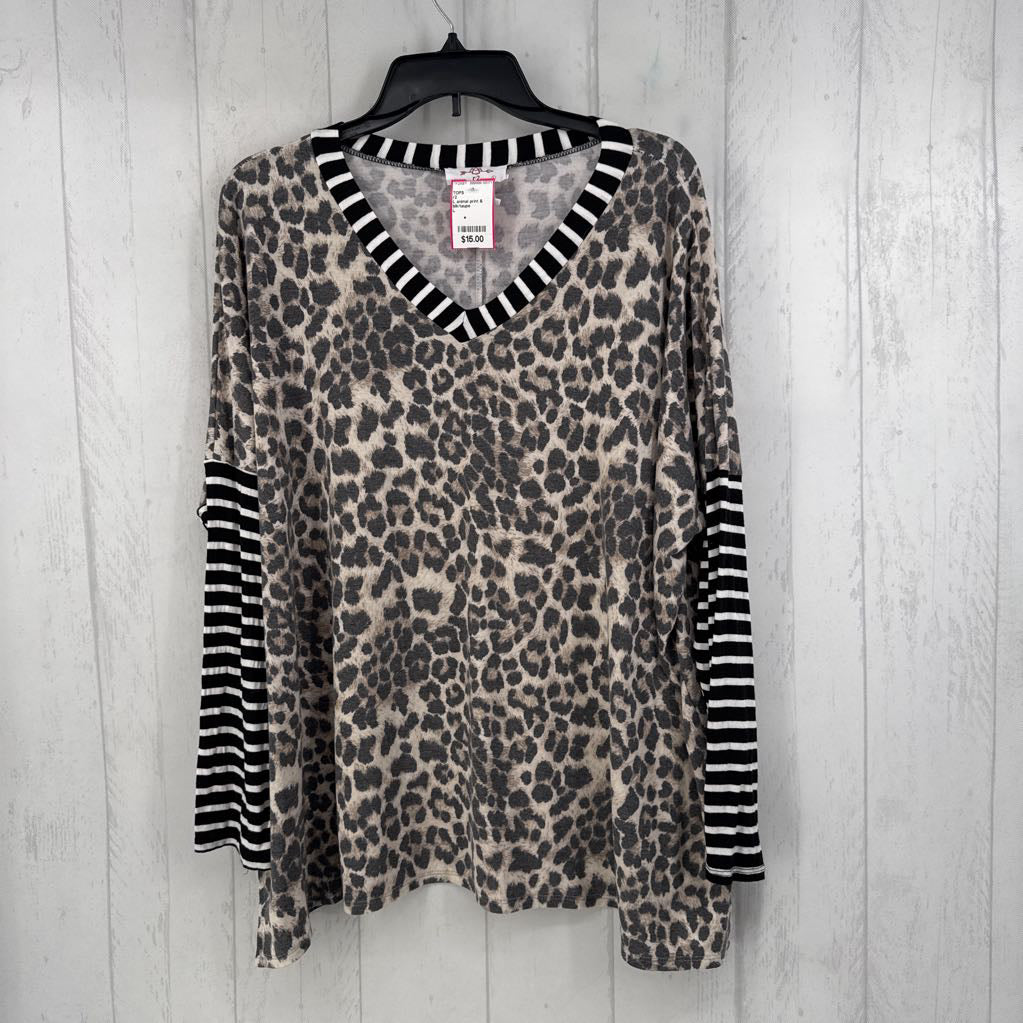 L animal print & striped l/s top