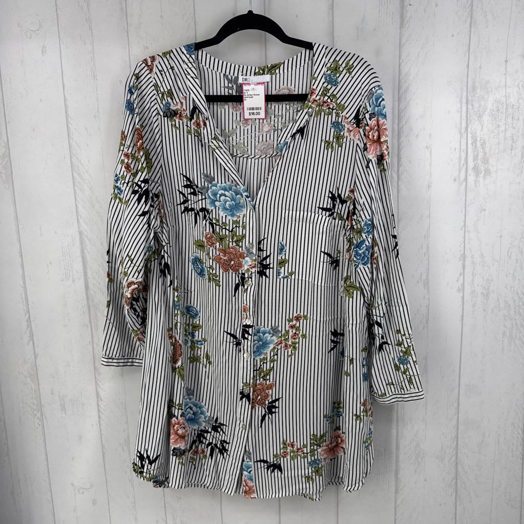 2x stripe flower print 3/4 slv button shirt