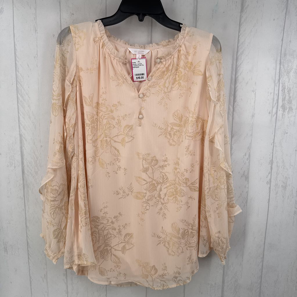 L button front flo print l/s top