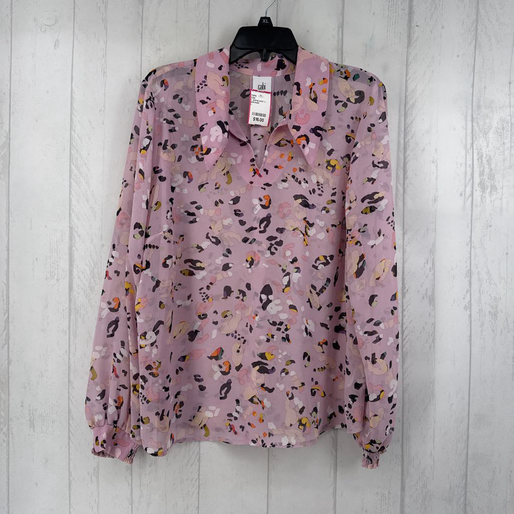 L animal print v-neck l/s top