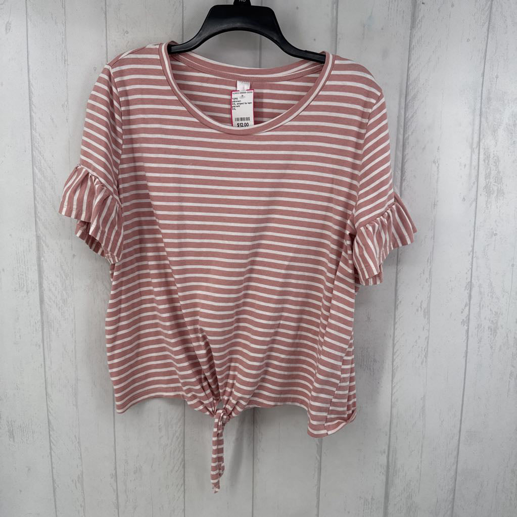 XXL striped tie hem ruffled s/s tee