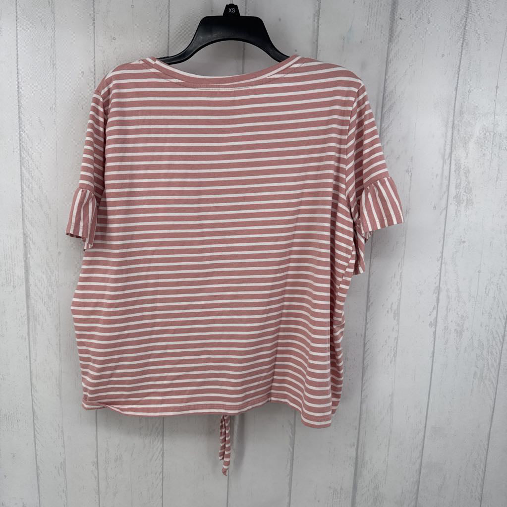 XXL striped tie hem ruffled s/s tee