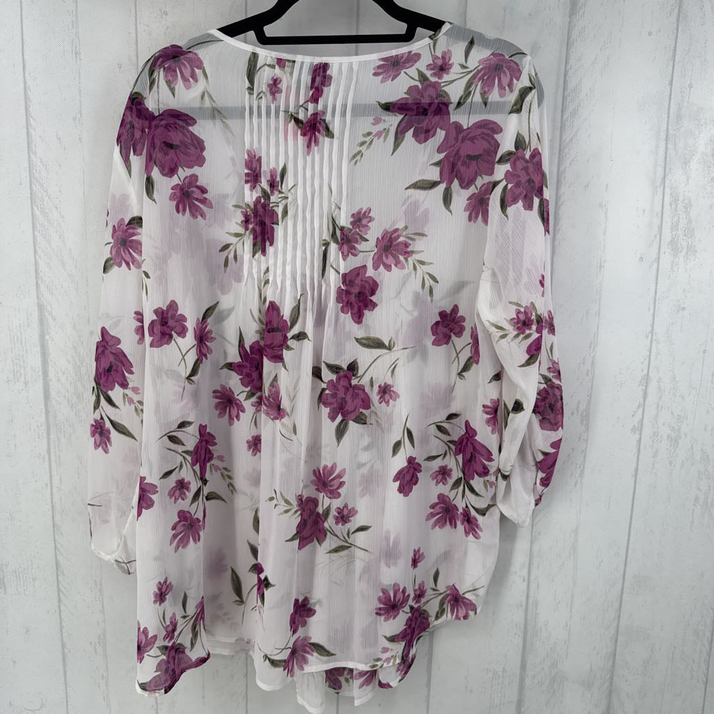 1X semi-sheer flo print 3/4 slv top