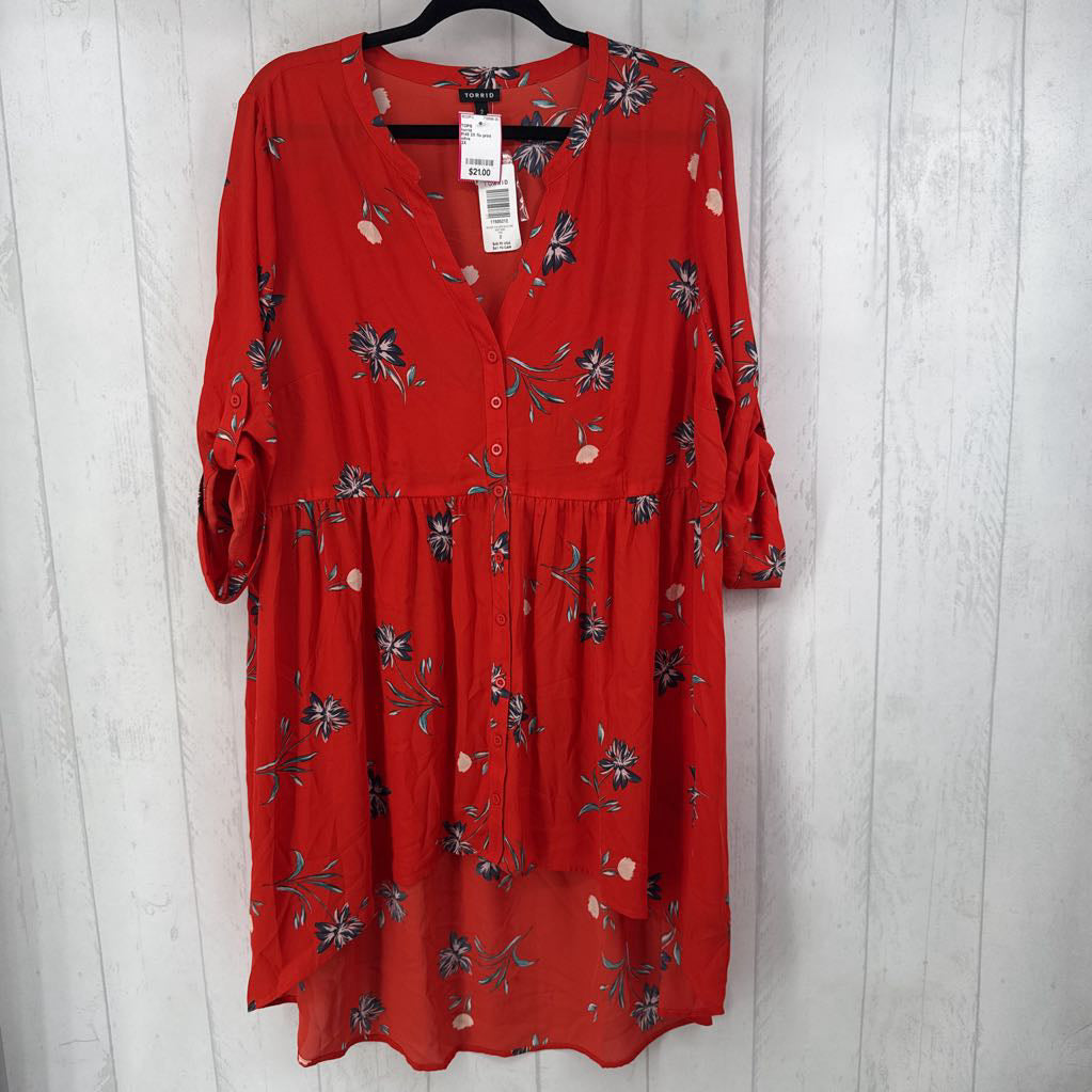 R48 2X flo print button down hi-lo top