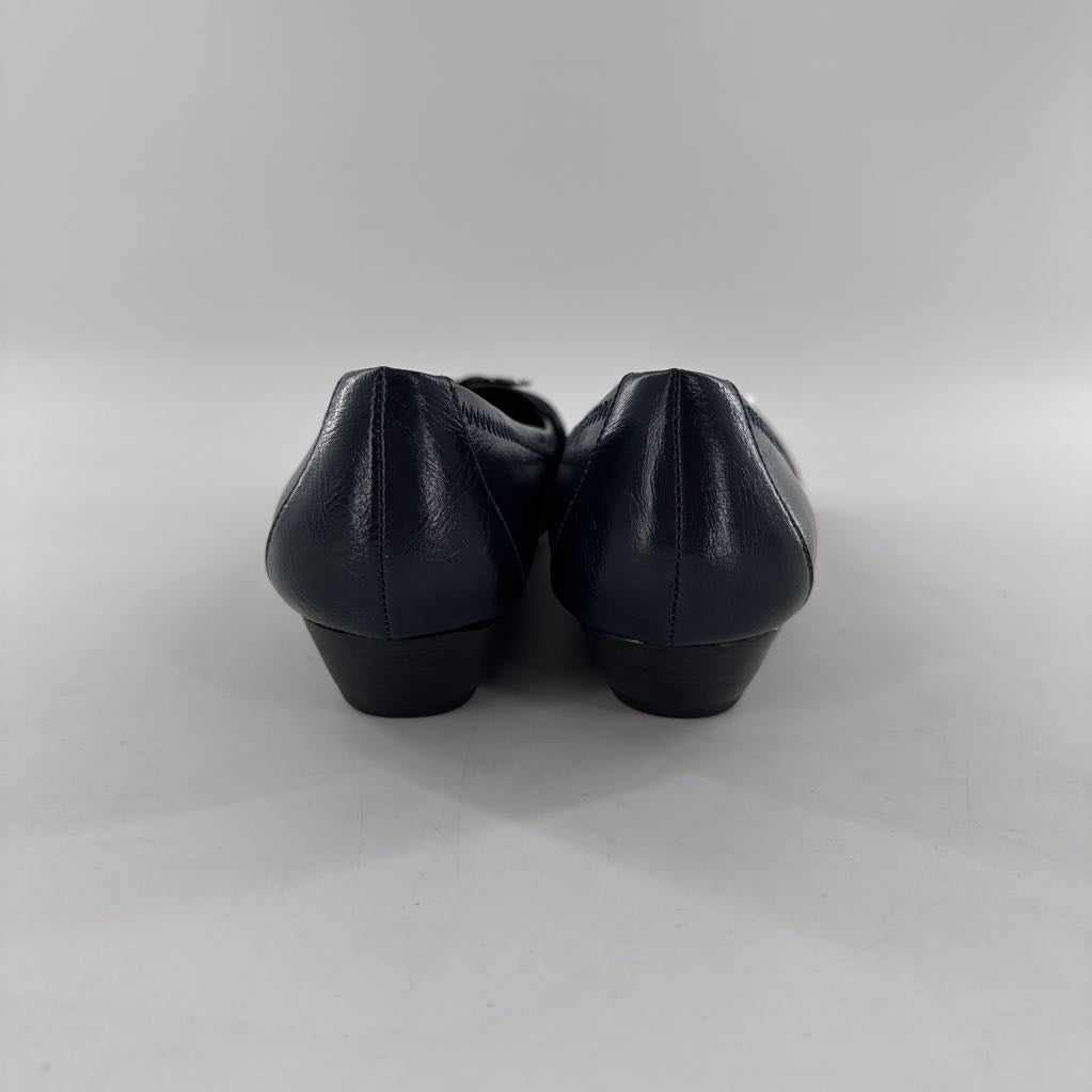 9 silver buckle low wedge heel slip-ons