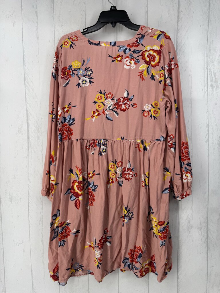 1X flo print tie front l/s dress