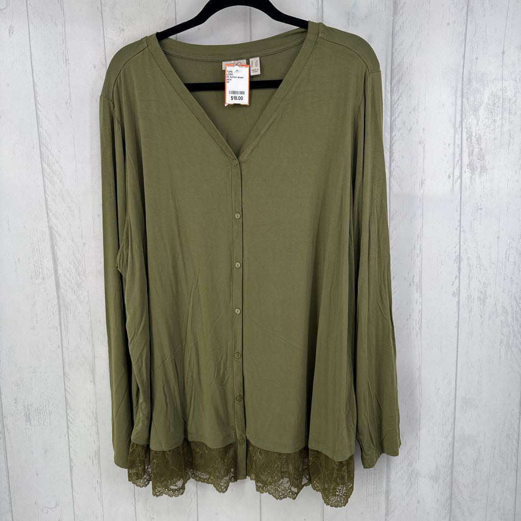 3X button down lace hem l/s top