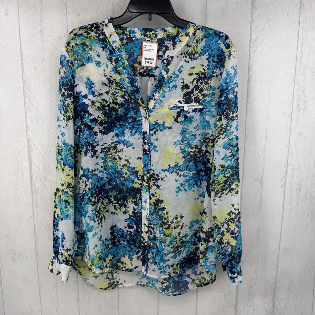 L flo print button down l/s top