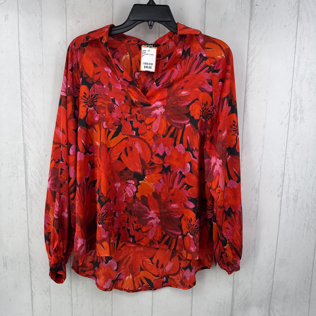 S flo print v-neck l/s top