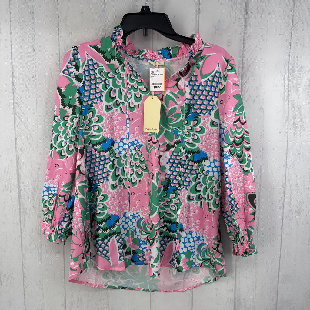 S flo print tie front 3/4 slv top