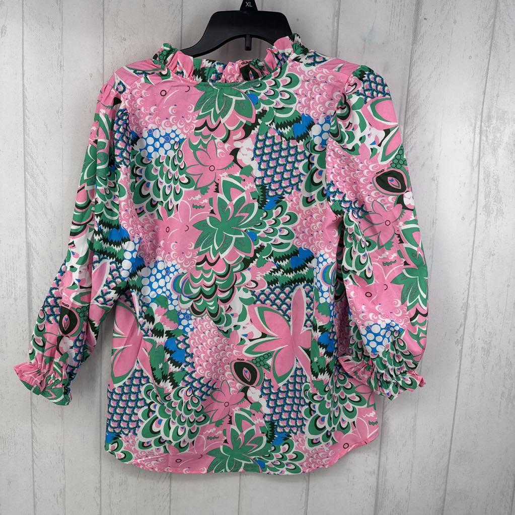 S flo print tie front 3/4 slv top