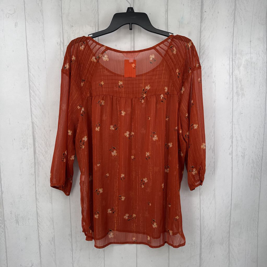 XL semi-sheer flo print 3/4 slv top