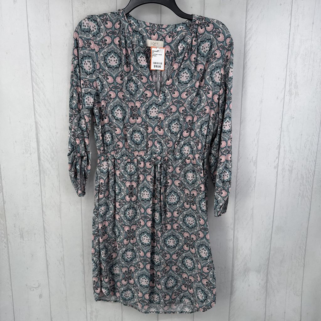 S printed v-neck drawstring waist tab slv dress