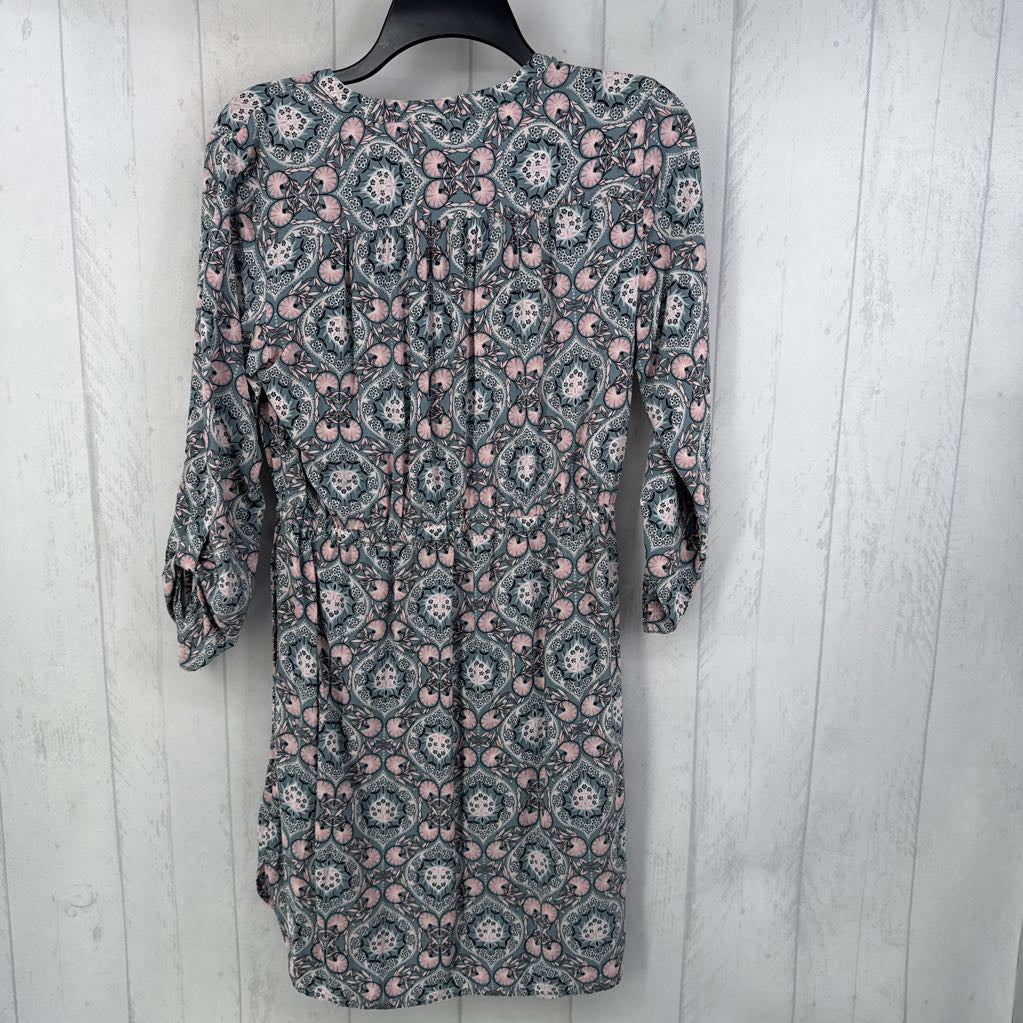 S printed v-neck drawstring waist tab slv dress