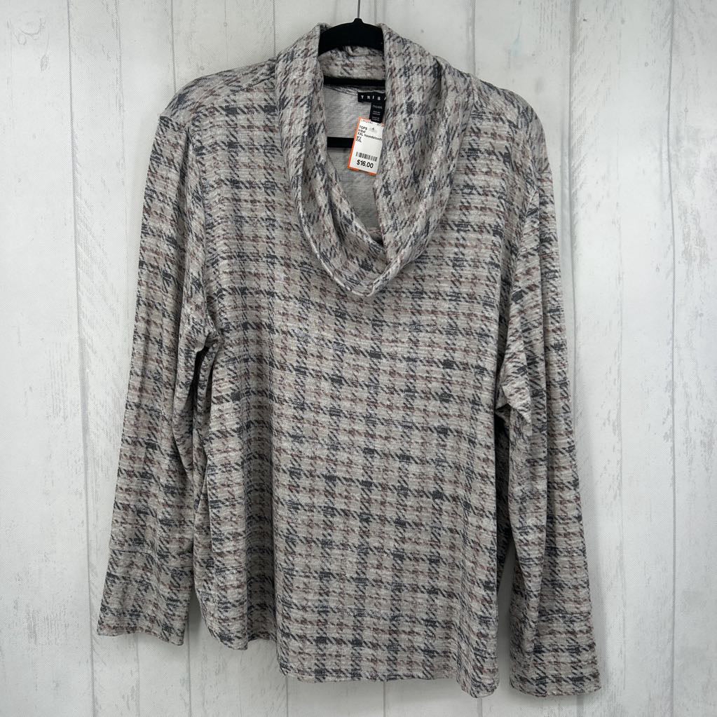 XXL houndstooth print cowl neck l/s top