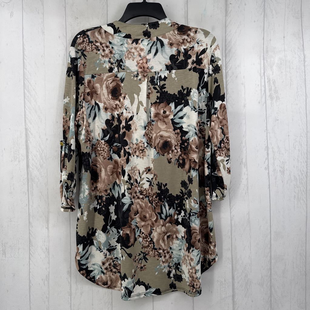 L flo print v-neck tab slv top
