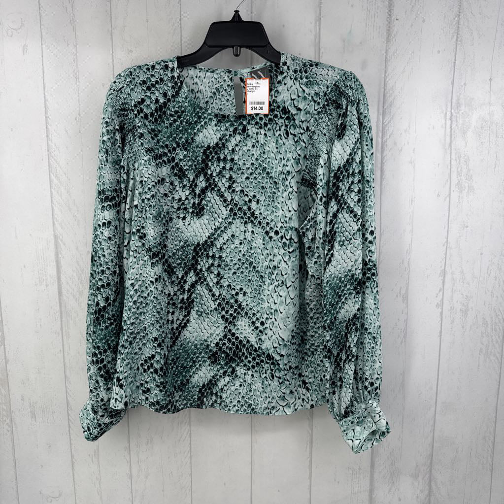 L puffy l/s smocked snakeskin print top