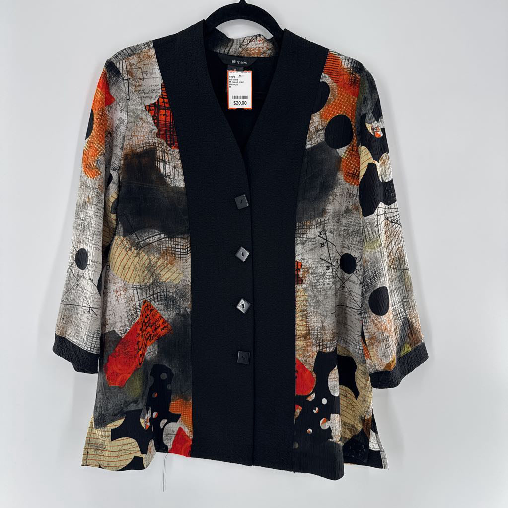 M mixed print button down 3/4 slv top