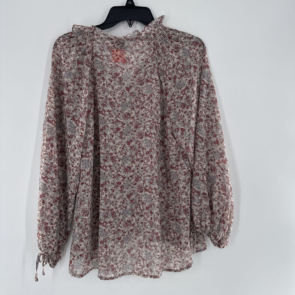 M flo print tie-front l/s top