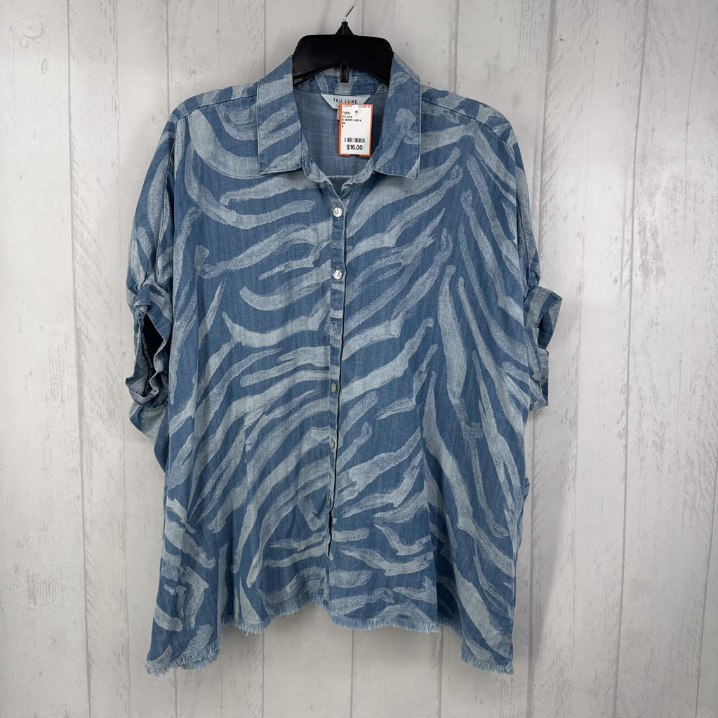 S denim zebra stripe button down s/s top