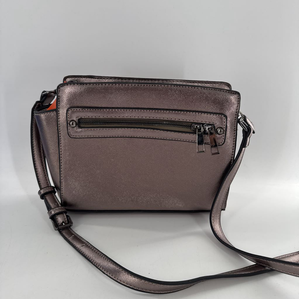 metallic top zip satchel