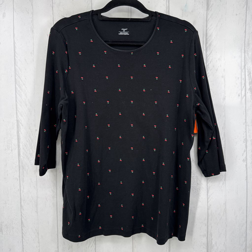 2X Cherry Print 3/4 Sleeve Scoop Neck Top