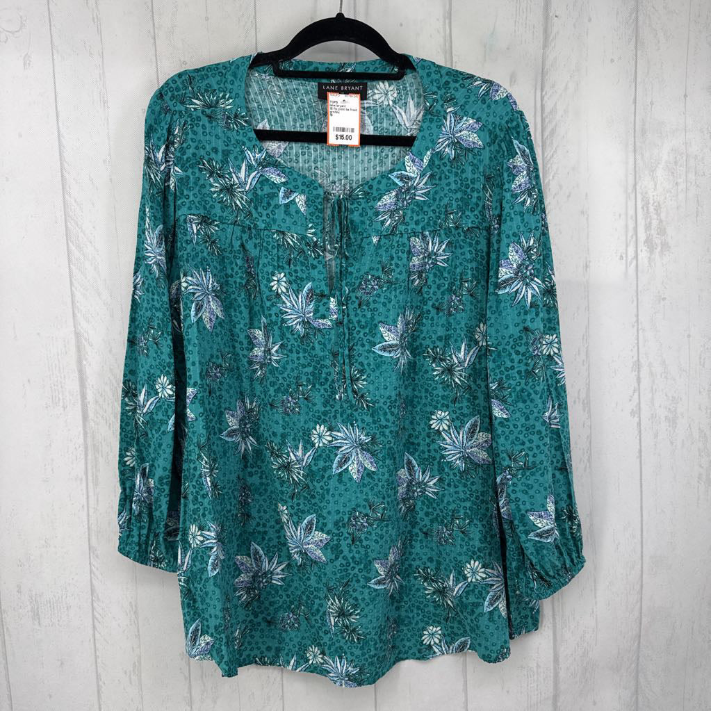 18 flo print tie front l/s top