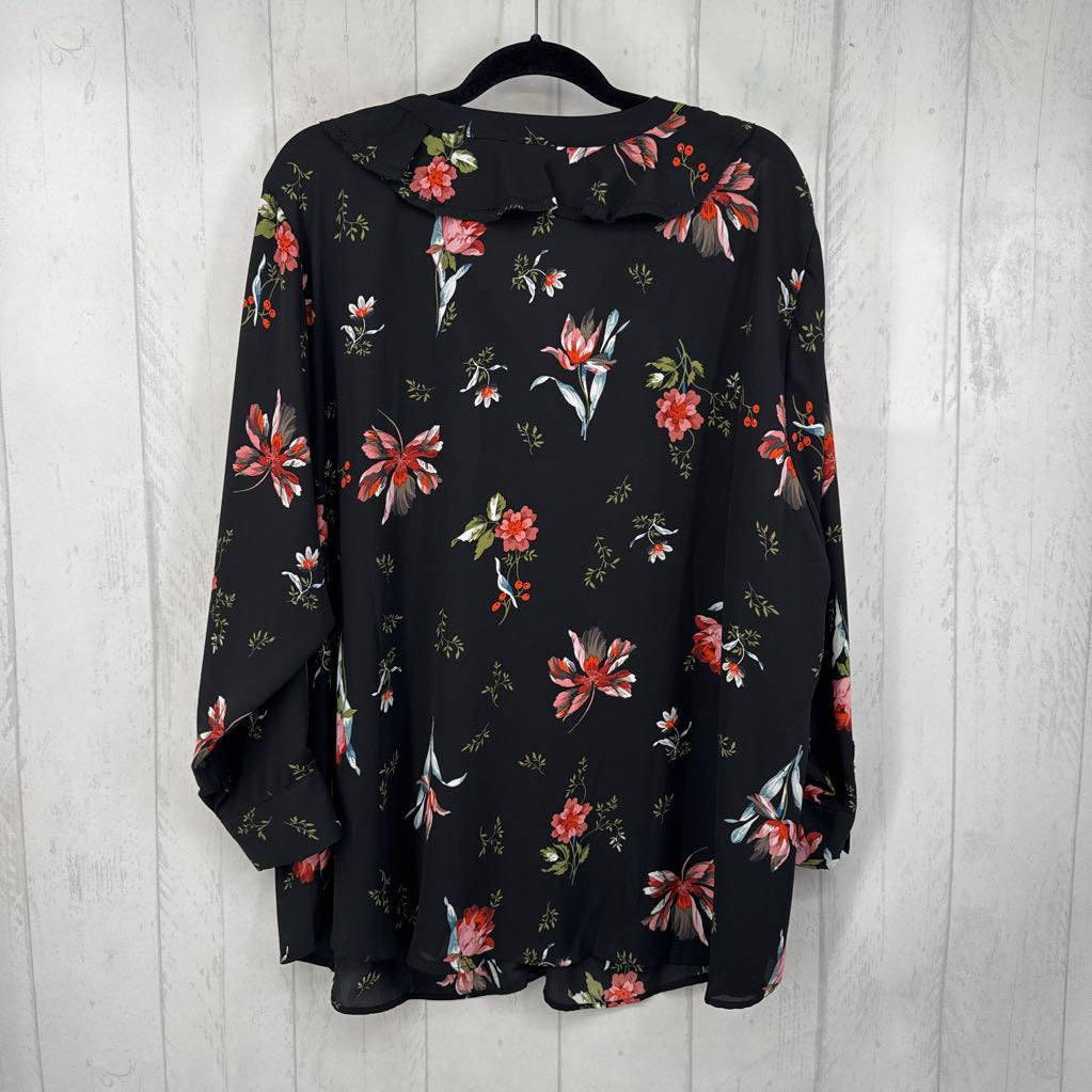 3X flo print ruffled button down l/s top