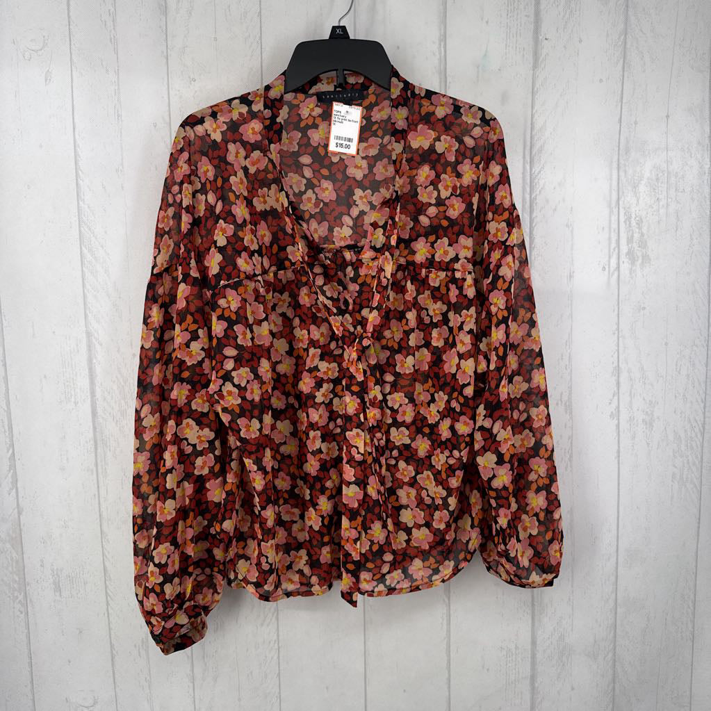 1X flo print tie-front l/s top