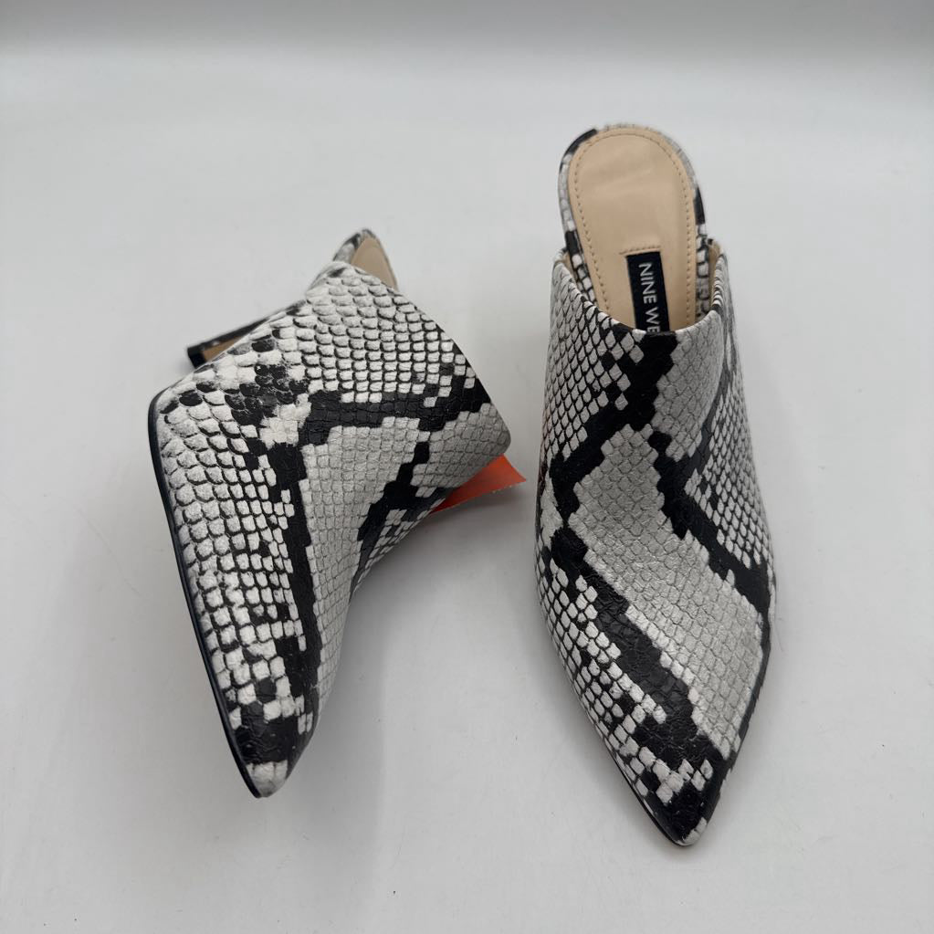 5.5 snakeskin print high heel mules
