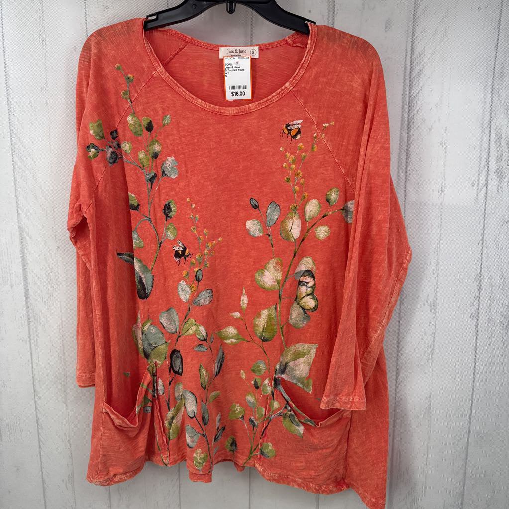 S flo print front pockets l/s top