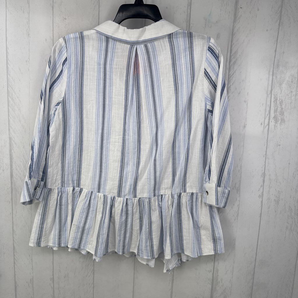 S striped button down 3/4 slv peplum top