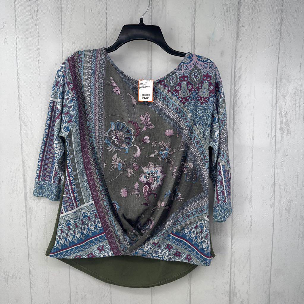 S mixed print 3/4 slv top