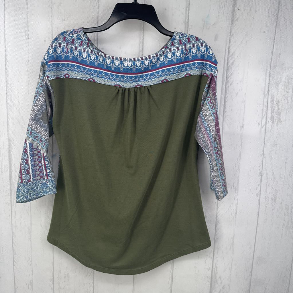 S mixed print 3/4 slv top