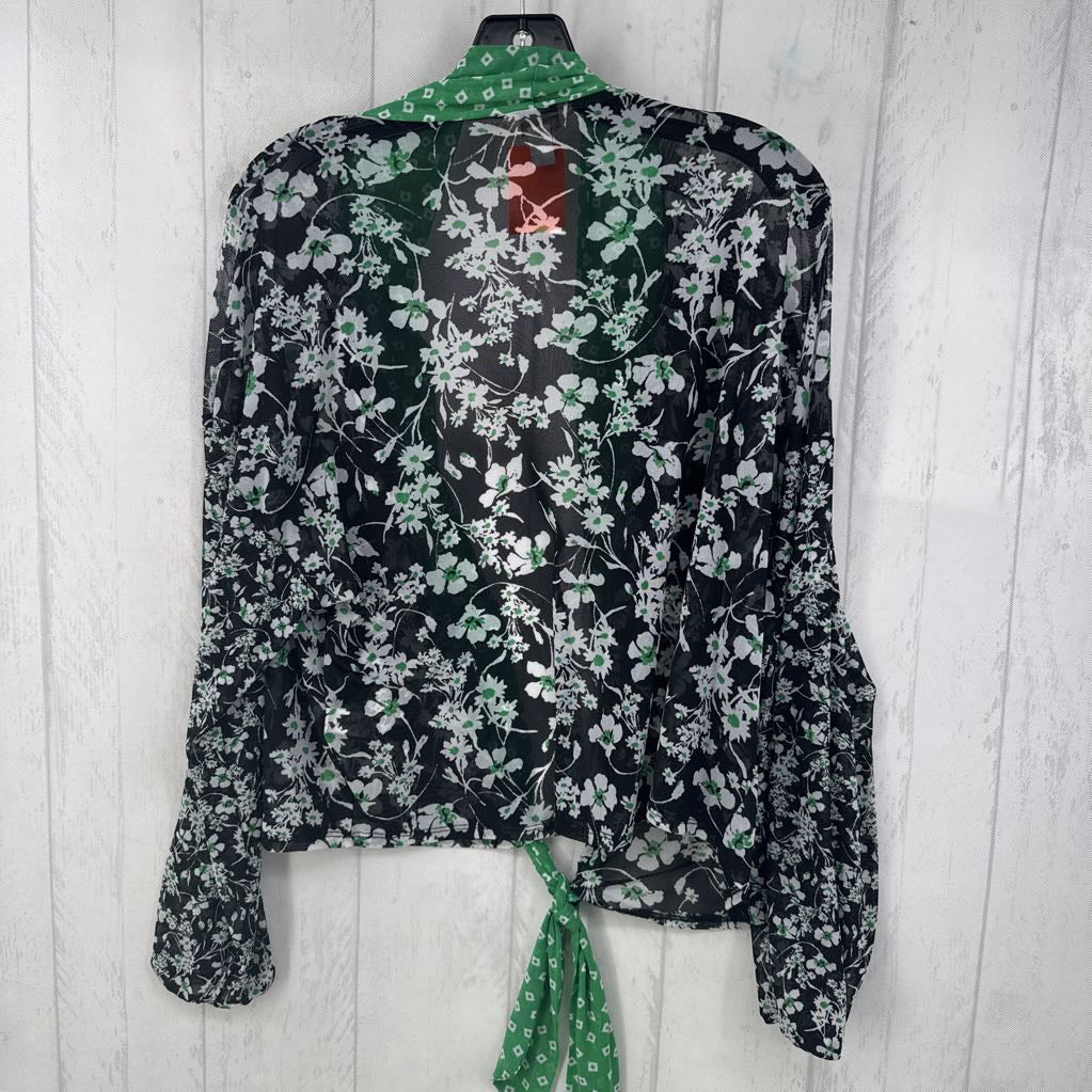 S mesh flo print tie front l/s top