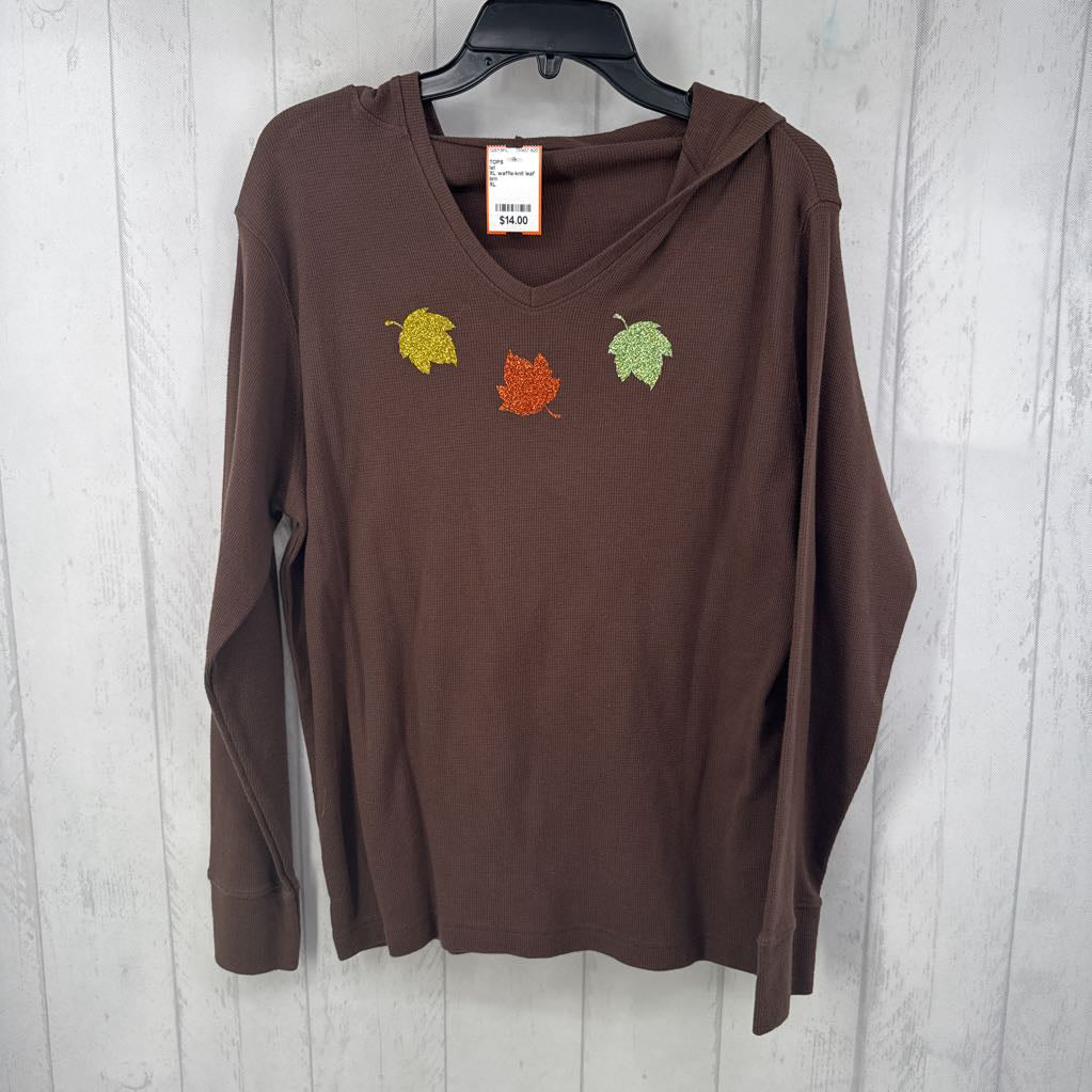 XL waffle-knit leaf detail l/s pullover w/hood