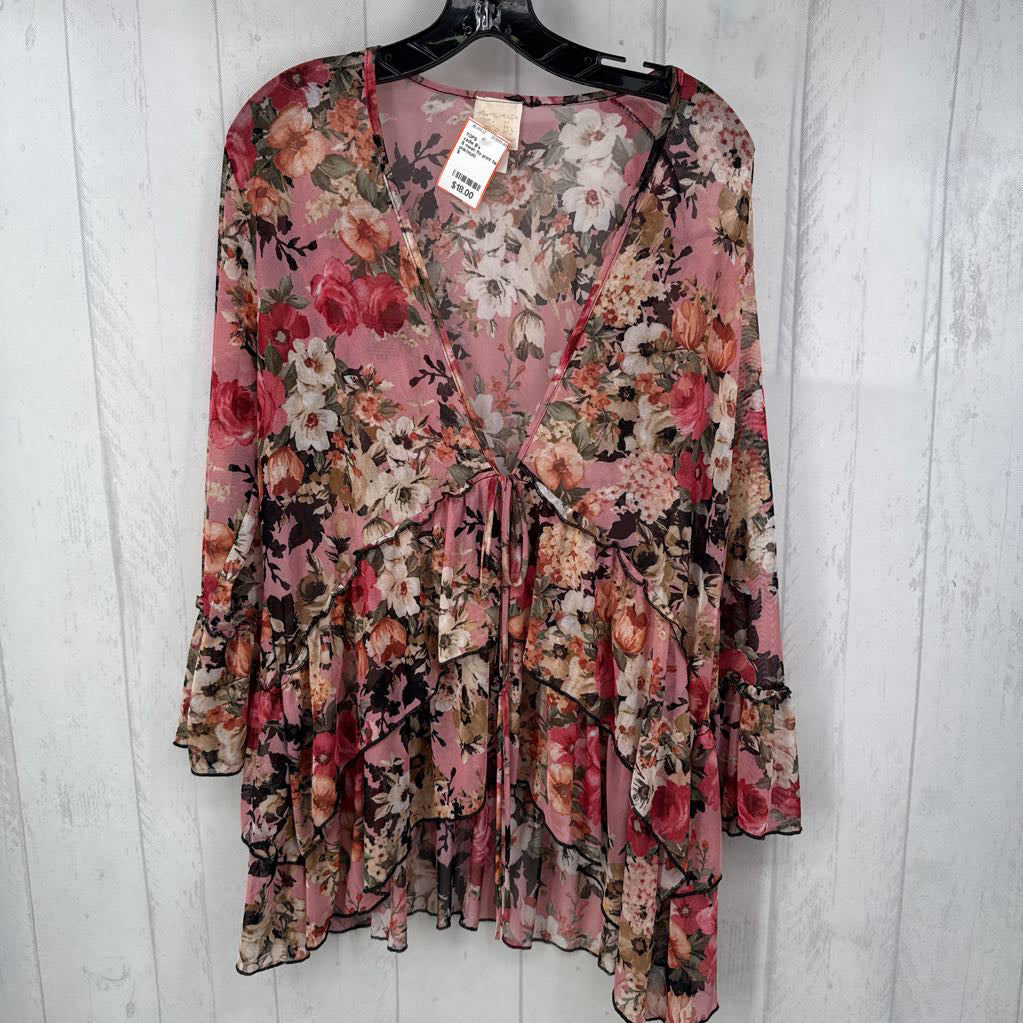 S mesh flo print tie front peplum top