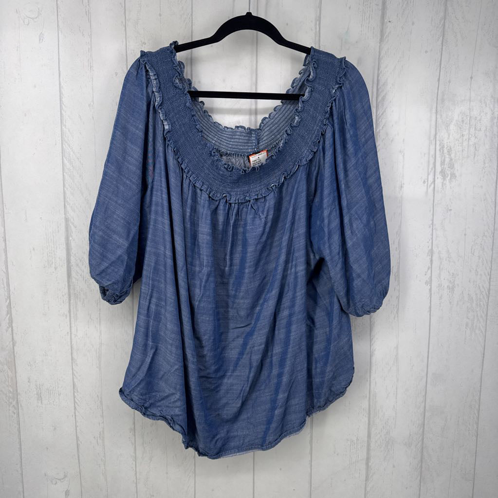 30/32 denim smocked elbow slv top