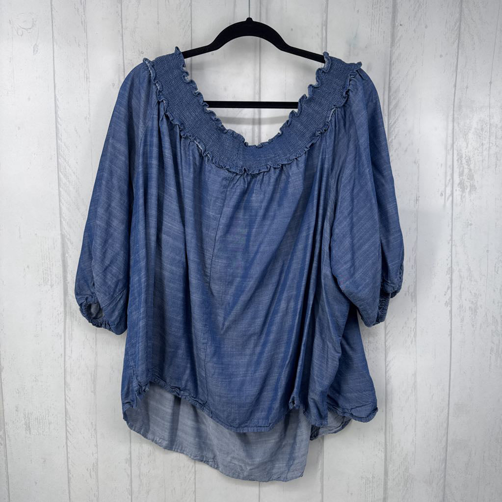 30/32 denim smocked elbow slv top